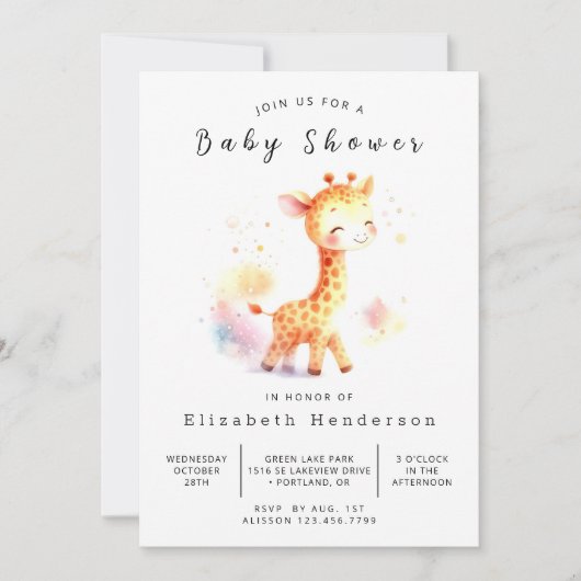 Modern bewerkbaar Giraffe Baby shower Kaart (Voorkant)
