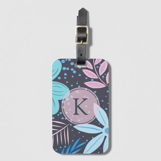Modern Big Blue Flower Pattern roze Monogram Bagagelabel (Voorkant (verticaal))