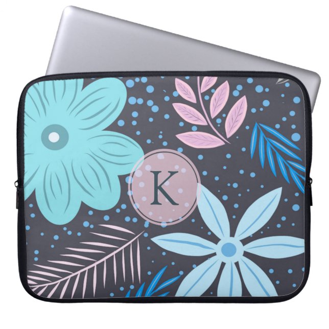 Modern Big Blue Flower Pattern roze Monogram Laptop Sleeve (Voorkant)