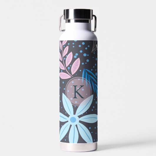 Modern Big Blue Flower Pattern roze Monogram Waterfles (Voorkant)