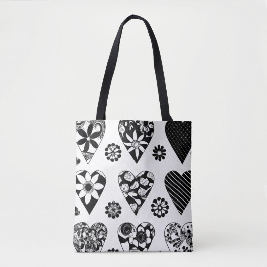 Modern Big Hearts & Flowers Black & White Draagtas (Voorkant)