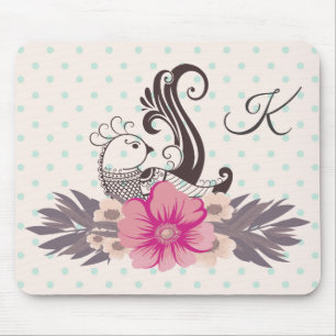 Modern Bird and Flora Dotty Monogrammed Muismat