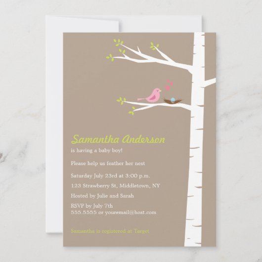 Modern Bird Birch Baby shower Invitation - Boy Kaart (Voorkant)