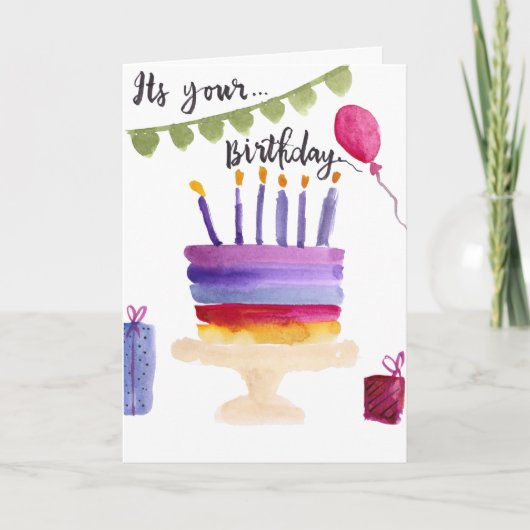 Modern birthday cake watercolor birthday kaart (Voorkant)