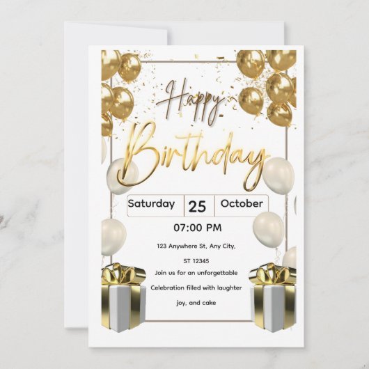 Modern Birthday Invitation Card with Golden Balloo (Devant)