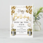 Modern Birthday Invitation Card with Golden Balloo (Debout devant)
