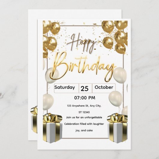 Modern Birthday Invitation Card with Golden Balloo (Devant / Derrière)