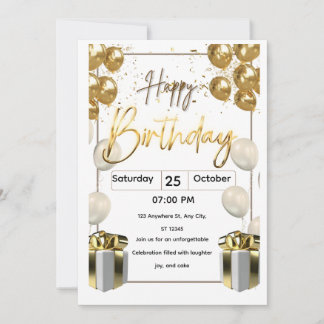 Modern Birthday Invitation Card with Golden Balloo Kaart