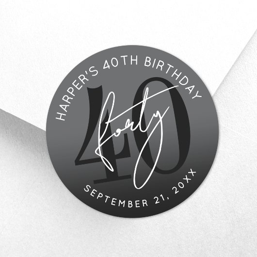 Modern Black 40th Birthday Party Ronde Sticker