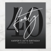 Modern Black 40th Birthday Party Wijn Etiket (Enkel label)
