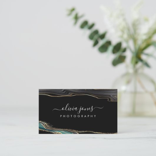 Modern Black Agate Gold Glitter Signature Script Visitekaartje (Staand voorkant)