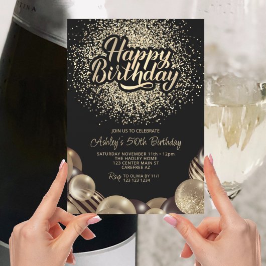 Modern Black and Gold 50th Birthday Invitation Kaart