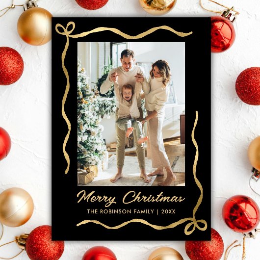 Modern Black and Gold Bow 2 Photo Merry Christmas Feestdagenkaart