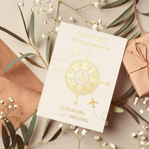 Modern Black and Gold Destination Passport Wedding Folie Uitnodiging