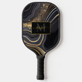 Modern Black and Gold Marbled Monogram Pickleball Paddle