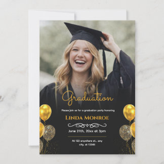 Modern Black and Gold Photo Graduation Party Kaart