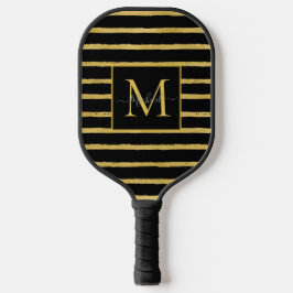 Modern Black and Gold Striped Monogram Name Pickleball Paddle