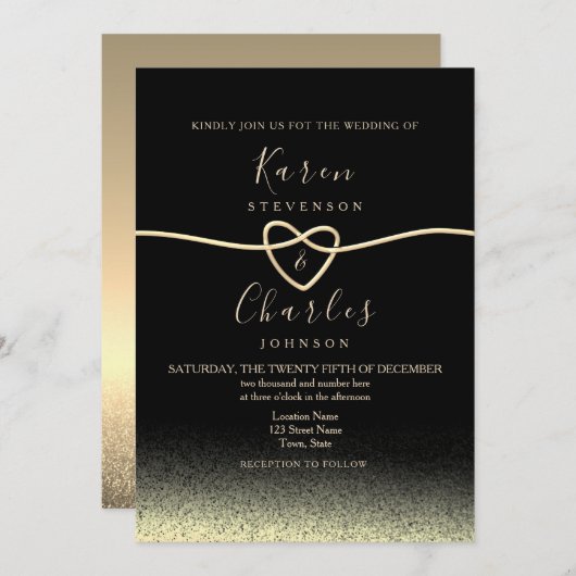 Modern Black and Gold Wedding Kaart (Voorkant / Achterkant)