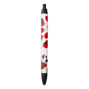 Modern Black and Red Flowers en Petals Zwarte Inkt Pen