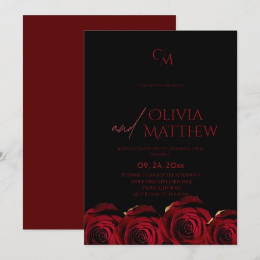 Modern Black and Red Roses Wedding Kaart (Voorkant / Achterkant)