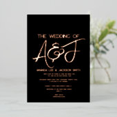 Modern Black and Roos Gold Wedding Folie Uitnodiging (Staand Voorkant)