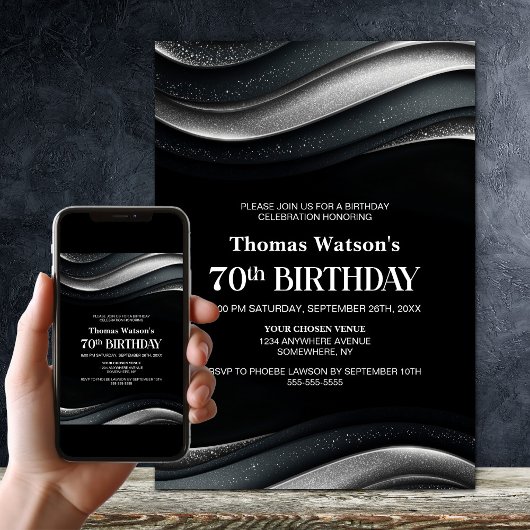 Modern Black and Silver 70th Birthday Party Kaart