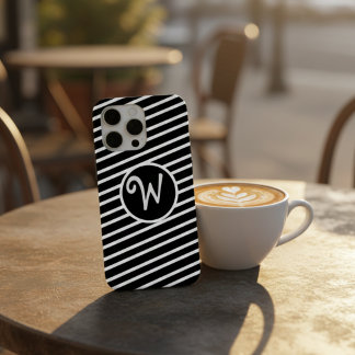 Modern Black and White Diagonal Stripes Monogram iPhone 15 Pro Max Hoesje