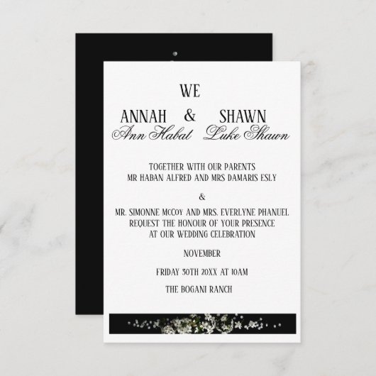Modern Black and White Floral Wedding Invitation (Devant / Derrière)