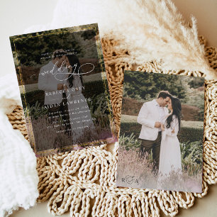 Modern Black and White Gold Border Photo Wedding Kaart