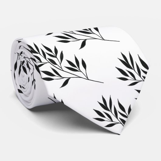 Modern Black and White Leaf Pattern Wedding Stropdas (Opgerold)