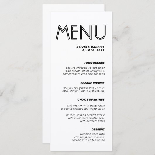 Modern Black and white minimalist class Wedding Menu (Voorkant / Achterkant)