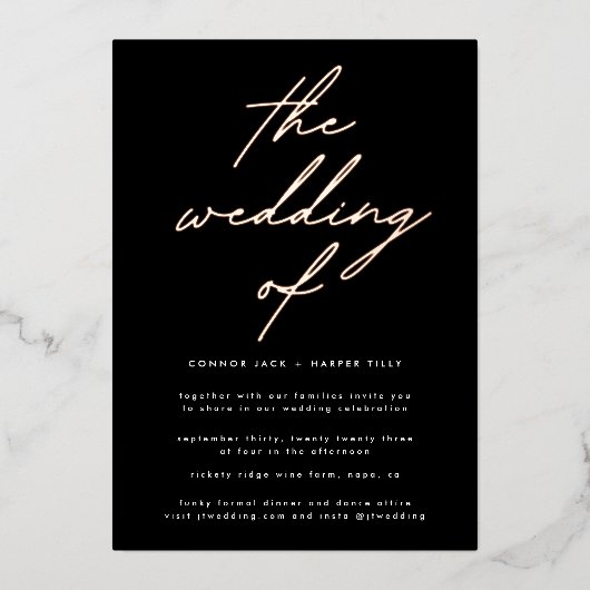 Modern Black and White Modern Wedding Roos GOLD Folie Uitnodiging (Voorkant)