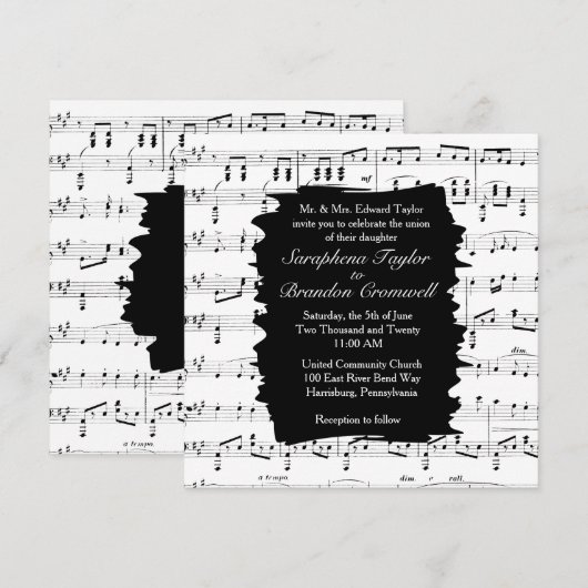 Modern Black and White Music Wedding Invitation Kaart (Voorkant / Achterkant)