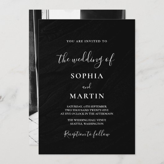 Modern black and white Photo Wedding Kaart (Voorkant / Achterkant)