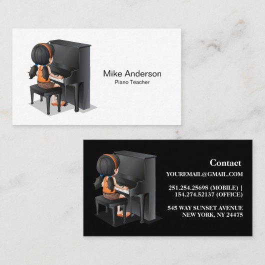 Modern Black and White Piano Teacher Visitekaartje (Voorkant / Achterkant)