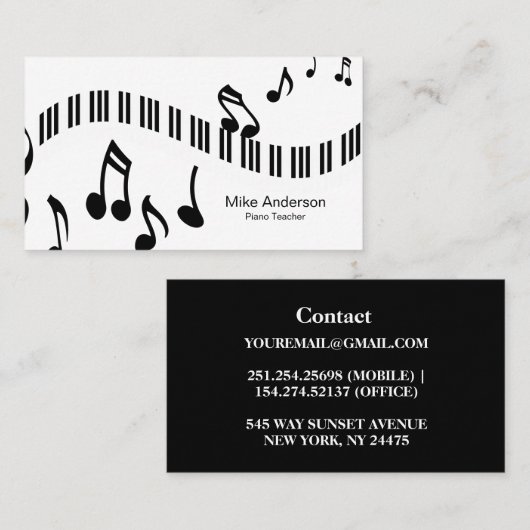 Modern Black and White Piano Teacher Visitekaartje (Voorkant / Achterkant)
