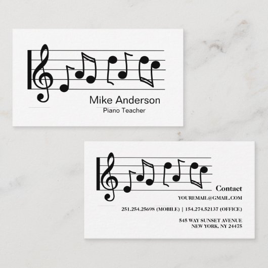 Modern Black and White Piano Teacher Visitekaartje (Voorkant / Achterkant)