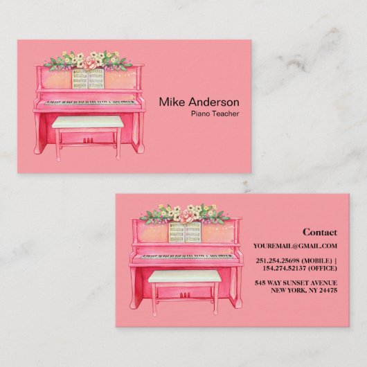 Modern Black and White Piano Teacher Visitekaartje (Voorkant / Achterkant)