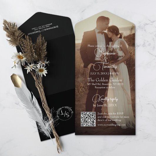 Modern Black and White QR Code Photo Weddenschap All In One Uitnodiging