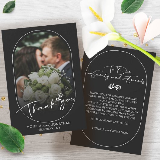 Modern Black and White Script Photo Wedding Bedankkaart