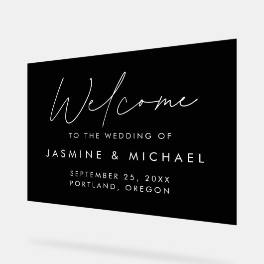 Modern Black and White Script Weddenschap Welkom Acryl Bord (Hoek)