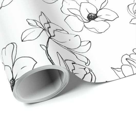 Modern Black and White Sketched Floral Cadeaupapier (Rol Hoek)