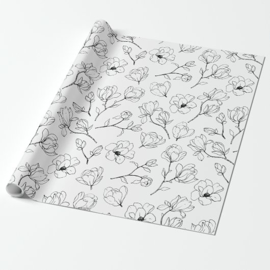 Modern Black and White Sketched Floral Cadeaupapier (Uitgerold)