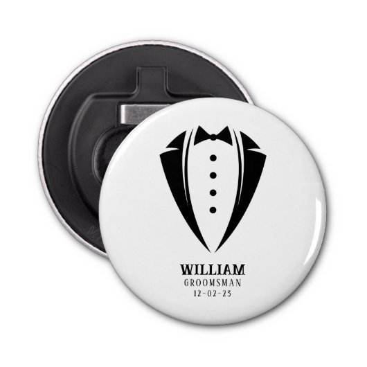 Modern Black and White Tuxedo Groomsman Gift Button Flesopener (Voorkant)