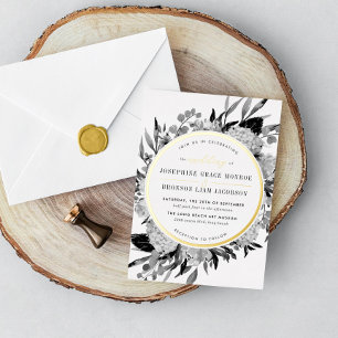 Modern Black and White Waterverf Floral Wedding Folie Uitnodiging