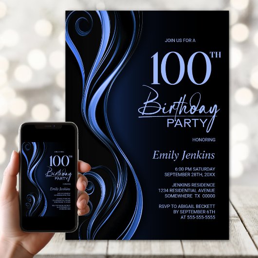 Modern Black Blue 100th Birthday Party Kaart
