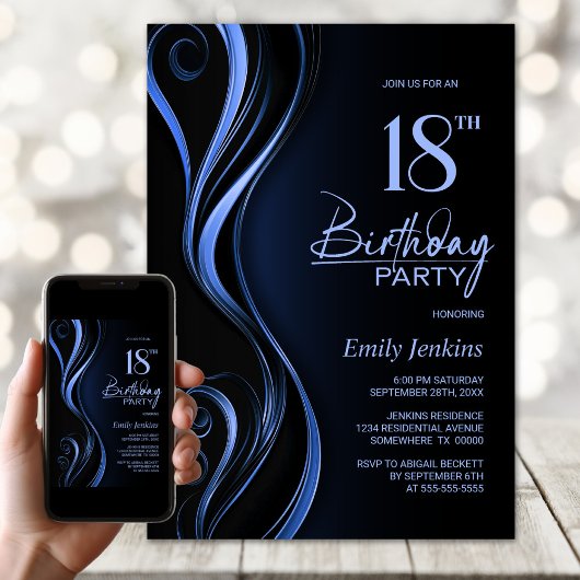 Modern Black Blue 18th Birthday Party Kaart
