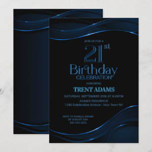 Modern Black Blue 21st Birthday Party Kaart