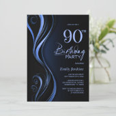 Modern Black Blue 90th Birthday Party Kaart (Staand voorkant)