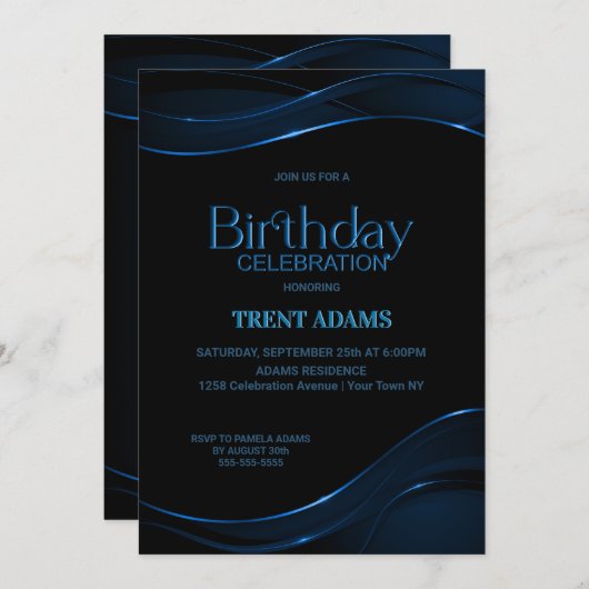 Modern Black Blue Birthday Party Kaart (Voorkant / Achterkant)
